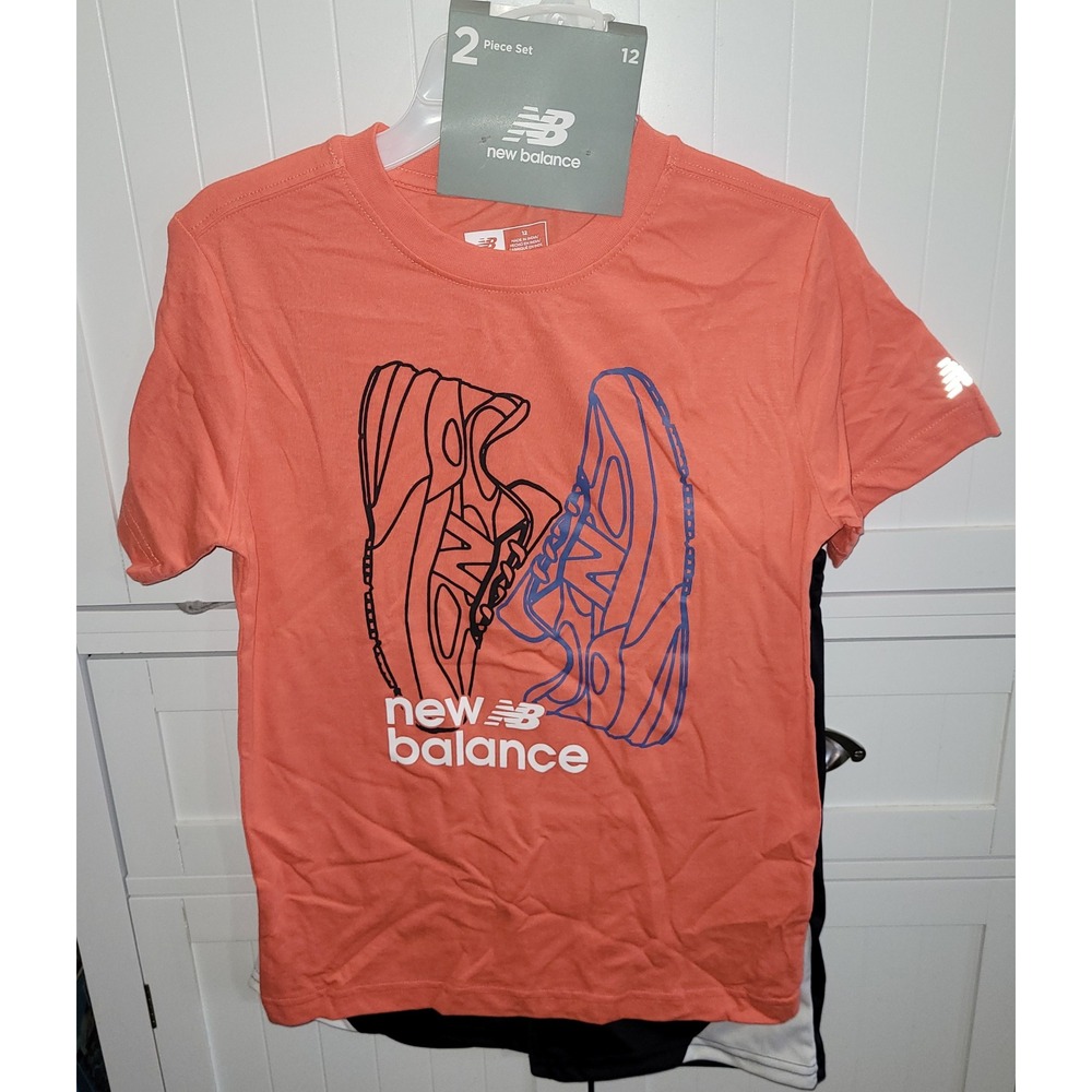 New Balance Boys 2 Piece Set Coral Graphic Tee Navy Shorts Size 12 New With Tags